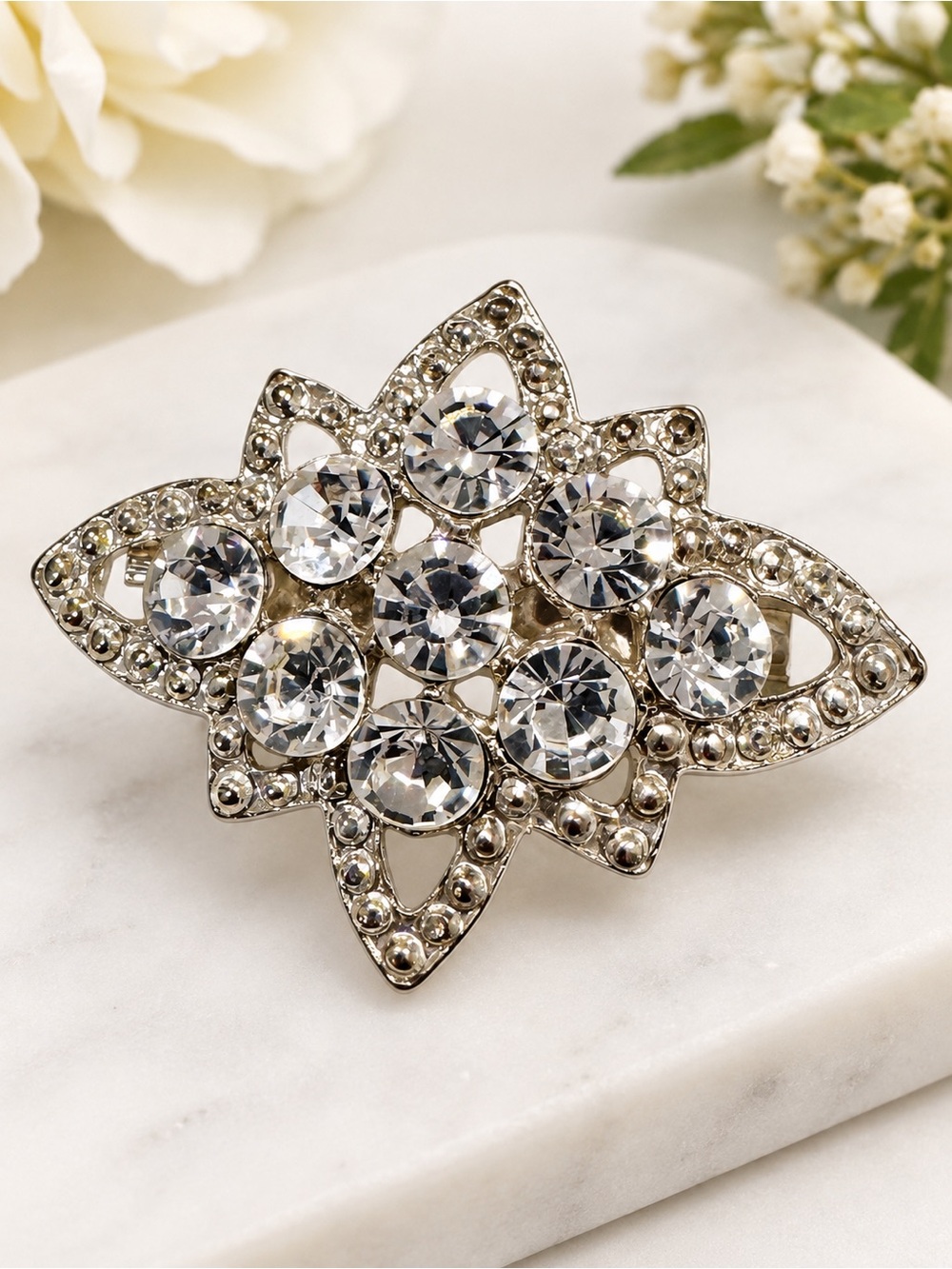 Vintage Silver Rhinestone Starburst Brooch Pin Openwork Marquise Statement